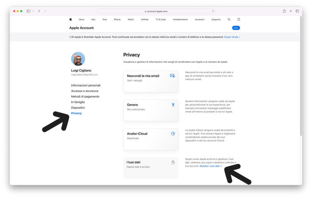 2 - Esportazione Note tramite Apple Account - Privacy, Gestisci i tuoi dati