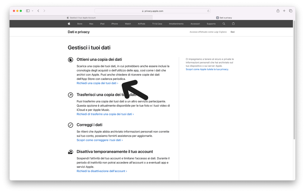 3 - Esportazione Note tramite Apple Account - Richiedi una copia dei tuoi dati