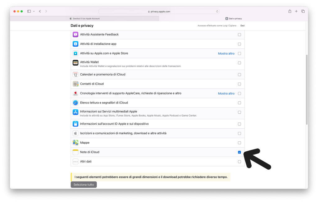 4 - Esportazione Note tramite Apple Account - Seleziona i dati che vuoi scaricare, Note di iCloud