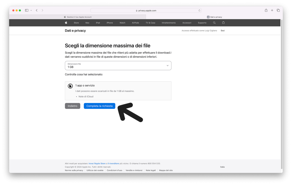 5 - Esportazione Note tramite Apple Account - Completa la richiesta