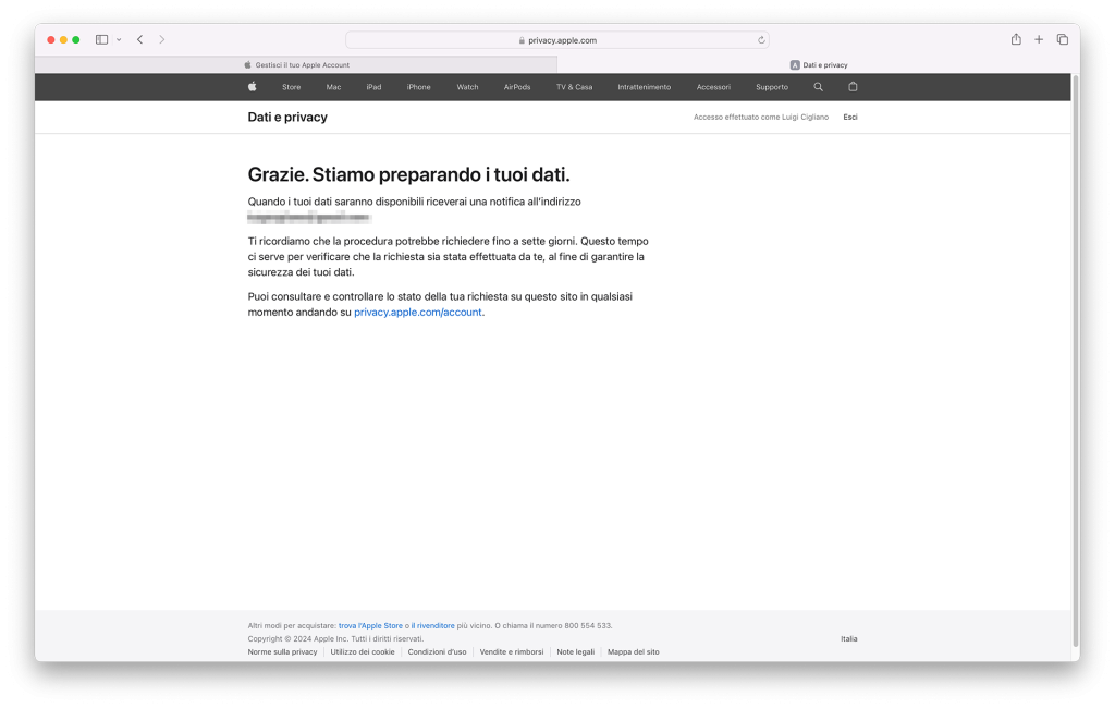 6 - Esportazione Note tramite Apple Account - Quando i tuoi dati saranno disponibili riceverai una notifica email
